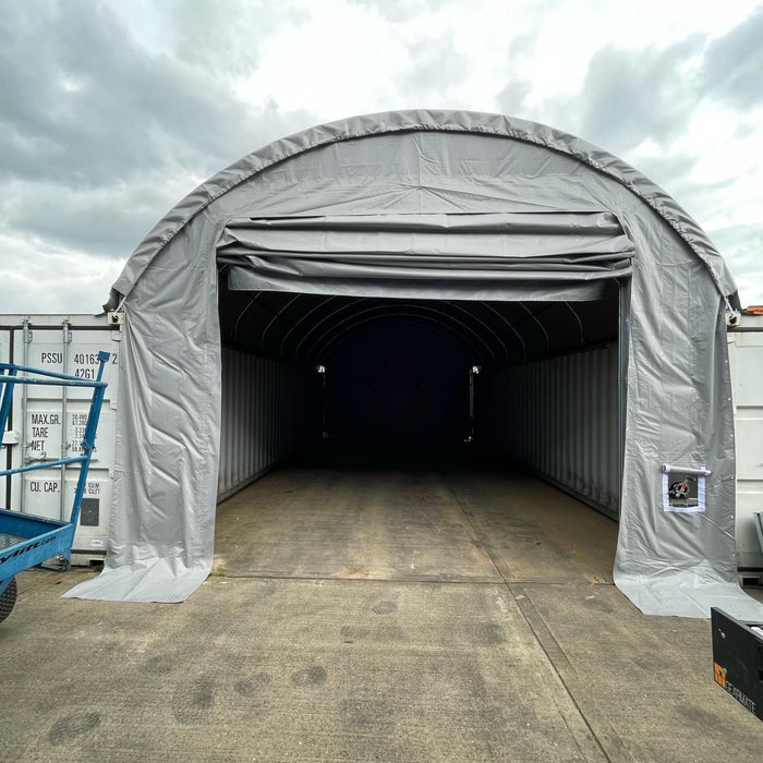 A Successful Installation of a 26x20 Storage Tent with Front-Winch Door and Back Panel in Grey in Maplewood, UK